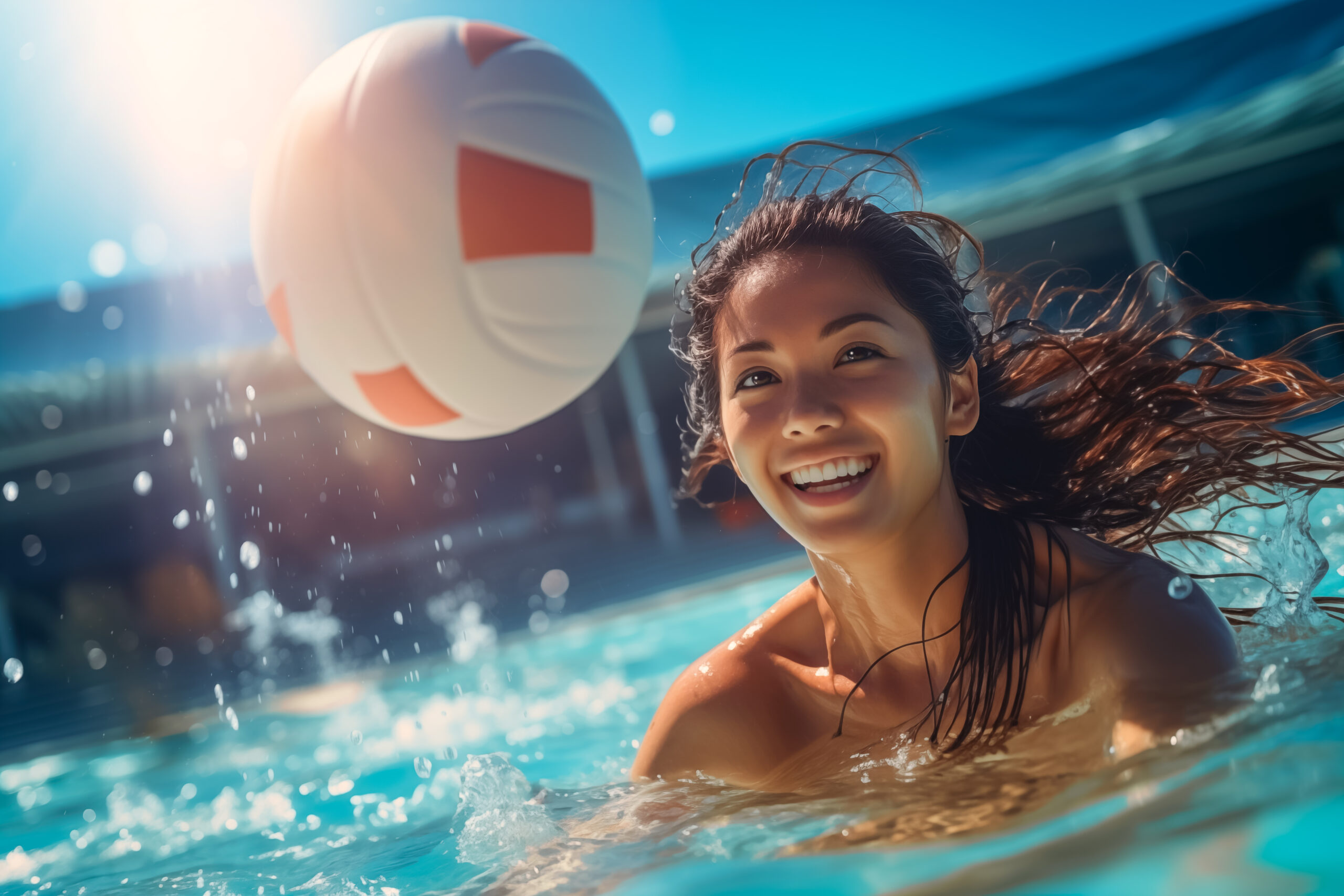 A woman is playing with a volleyball in a pool