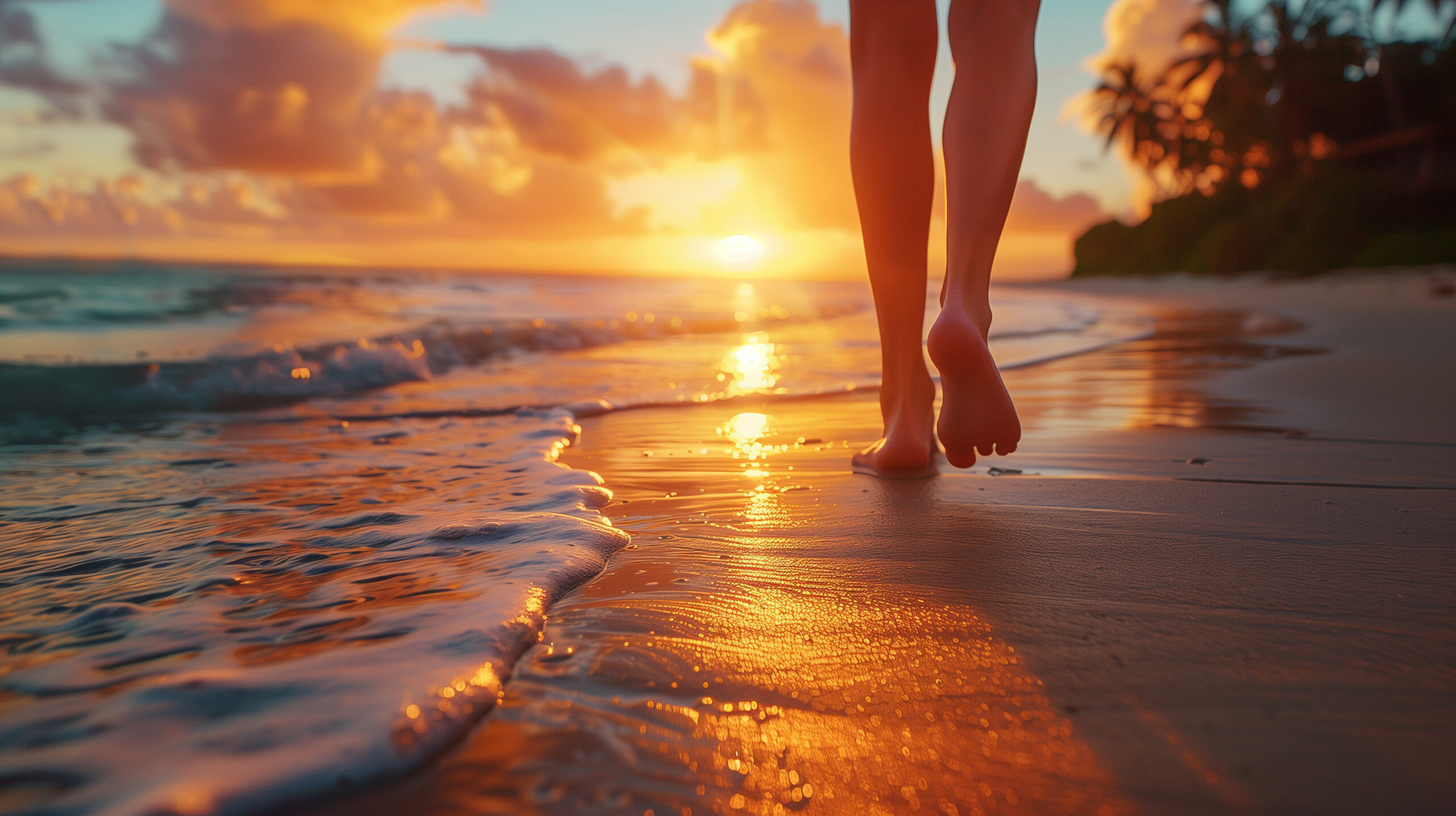 Closeup of a woman’s bare feet walking on a tropical beach at sunset