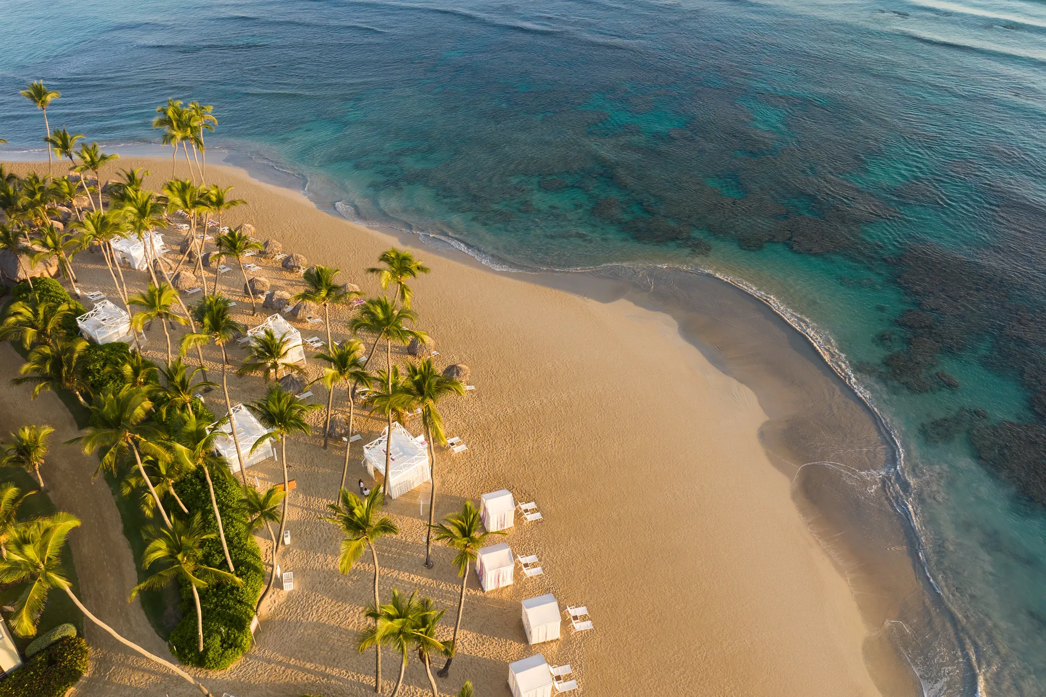 Aerial view of the main beach at Breathless Punta Cana with palm-lined shoreline and turquoise waters.