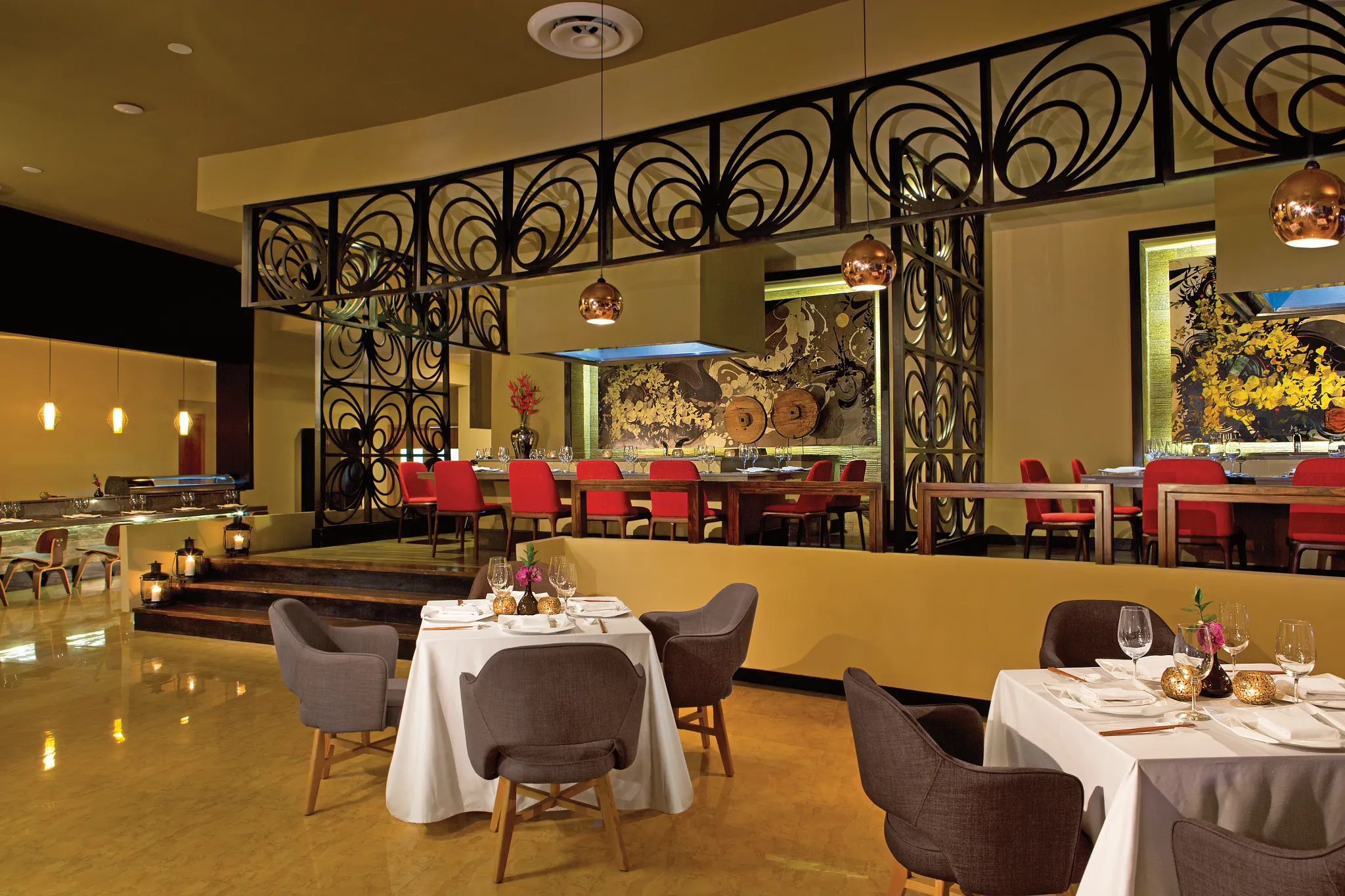 Silk City Pan-Asian restaurant at Breathless Punta Cana featuring elegant dining tables, modern Asian-inspired décor, and a refined upscale atmosphere.