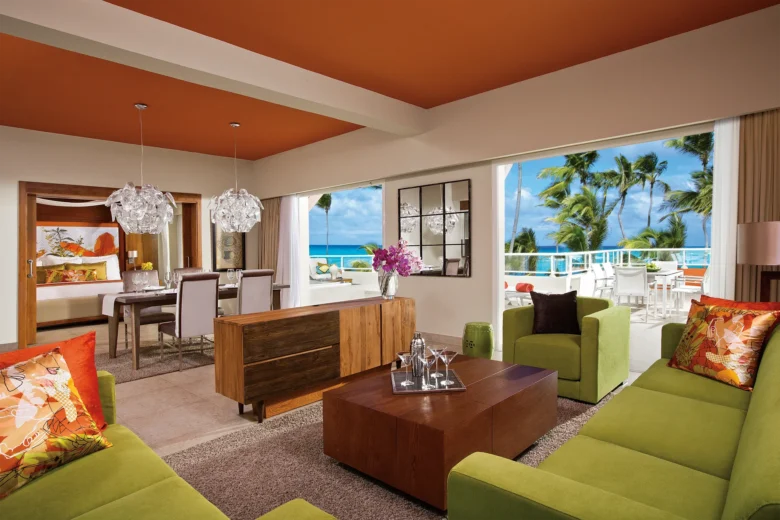 Xhale Club Presidential Suite living area with ocean views at Breathless Punta Cana Resort.